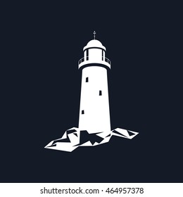 Lighthouse, Beacon Isolated on Black Background, Lighthouse Stands on Rocks, Vector Illustration 