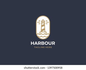 Lighthouse, Beacon logo icon. Vector Illustration. Modern linear simple logotype template. Lighthouses and ocean waves.