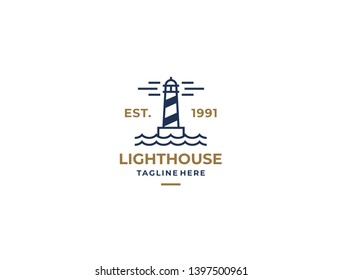 Lighthouse, Beacon logo icon. Vector Illustration. Modern linear simple logotype template. Lighthouses and ocean waves.