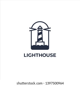 Lighthouse, Beacon logo icon. Vector Illustration. Modern linear simple logotype template. Lighthouses and ocean waves.