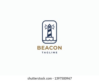 Lighthouse, Beacon logo icon. Vector Illustration. Modern linear simple logotype template. Lighthouses and ocean waves.