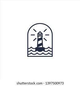 Lighthouse, Beacon logo icon. Vector Illustration. Modern linear simple logotype template. Lighthouses and ocean waves.