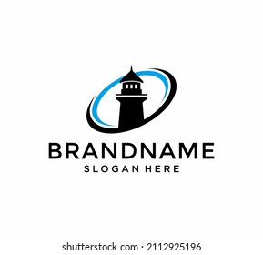 Lighthouse, Beacon logo icon. Vector Illustration. Modern linear simple logotype template. Lighthouses and ocean waves.