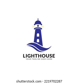 Lighthouse, Beacon logo icon. Vector Illustration. Modern linear simple logotype template. Lighthouses and ocean waves.