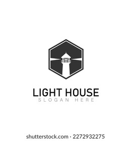 Lighthouse, Beacon logo icon. Vector Illustration. Modern linear simple logotype template. Lighthouses and ocean waves.