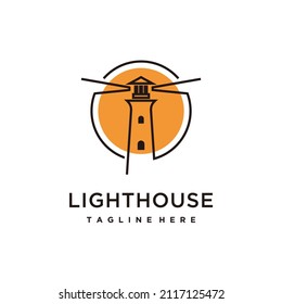 Lighthouse beacon minimalist circle line art logo design icon vector 