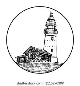 Lighthouse, beacon, pharos in circle icon black and white design for logo and coloring book vector illustration sketch