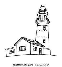 Lighthouse, beacon, pharos hand drawn icon black and white design for logo and coloring book vector illustration sketch