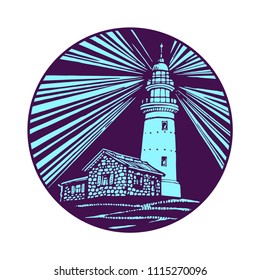 Lighthouse, beacon, pharos shining at night with dark sky in circle, seamark icon monochrome design for logo and tattoo vector sketch