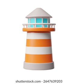 Lighthouse with beacon, red and white striped building. 3D plastic cartoon style icon. Vector render illustration isolated on white background