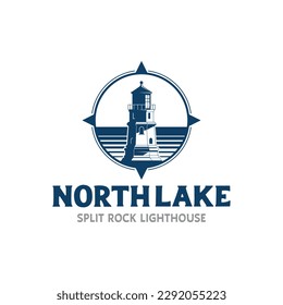 Lighthouse beacon with sea lake and compass vintage rustic logo design illustration