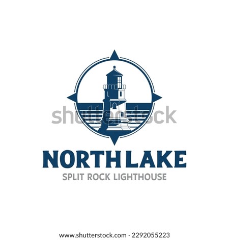 Lighthouse beacon with sea lake and compass vintage rustic logo design illustration