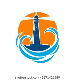 Lighthouse or beacon with sea and ocean waves. Vector tower of light house icon with searchlight beam, blue water surf and sunset sky isolated symbol, nautical navigation and marine safety themes