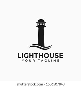 Lighthouse, Beacon and Sea Wave Logo Design Template