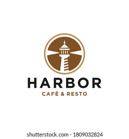 lighthouse beacon searchlight harbor logo design in trendy linear line icon style for a cafe business and restaurant