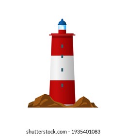 Lighthouse or beacon searchlight tower, nautical coast and sea light, vector isolated. Light house icon, marine navigation and ship sailing beam signal on harbor shore cliff