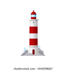 Lighthouse beacon or searchlight tower and nautical coast sea light, vector isolated. Shore light house icon with red and white stripes, marine navigation and ship sailing signal of harbor port