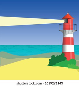 Lighthouse beacon  with shadows and highlights and light beam on beach vector art 