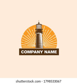 Lighthouse or beacon with shining sun vector business logo concept
