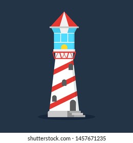 Lighthouse. Beacon for ship navigation and safety. Marine building. Isolated vector illustration in cartoon style