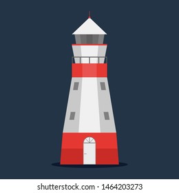 Lighthouse. Beacon for ship navigation and safety. Marine building. Isolated vector illustration in cartoon style