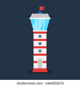 Lighthouse. Beacon for ship navigation and safety. Marine building with flag. Isolated vector illustration in cartoon style