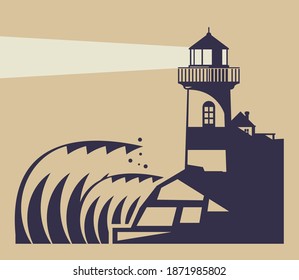 Lighthouse, Beacon, Lighthouse Stands on Rocks, vector Illustration