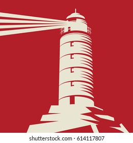 Lighthouse, Beacon, Lighthouse Stands on Rocks, red background, vector Illustration