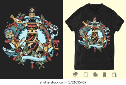 Lighthouse. Beacon, steering wheel, shark, anchor. Creative print for dark clothes. T-shirt design. Template for posters, textiles, apparels 