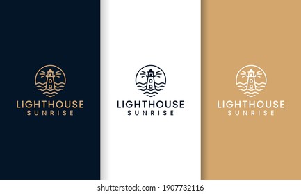 lighthouse beacon and sunrise, sunset with line art style logo design template