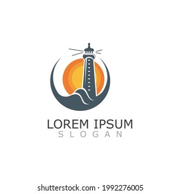 Lighthouse beacon tower logo vector illustration design, vintage symbol
