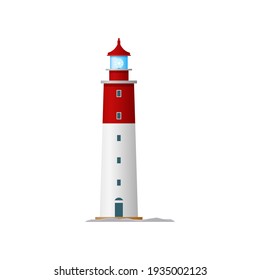 Lighthouse beacon tower, nautical sea searchlight on coast, vector light house isolated icon. Port guide and harbor ship radar, marine navigation and sailing direction safety signal light beam tower
