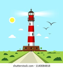 Lighthouse  - Beacon Vector Illustration with Landscape