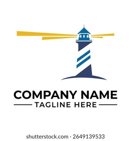 Lighthouse Beacon Vector Logo Emblem with Tower Stripes and Guiding Light Rays for Business and Nautical Theme