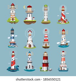 Lighthouse beacons or sea light house, vector icons set of coast tower. Lighthouse flat cartoon icons on beach or ocean seaside in water waves, ship sailing night signal and harbor port light guide