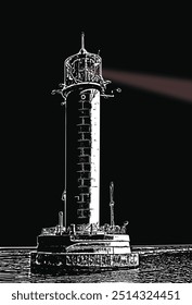 The lighthouse beam illuminates the way to the port at night.
Vorontsov lighthouse in Odessa on the Black Sea at night.