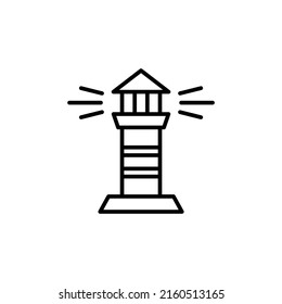 Lighthouse with beams black vector icon illustration isolated on white background. Trendy flat, outline symbol, sign for: infographic, logo, mobile, app, banner, web design, dev, ui, ux, gui. EPS 10