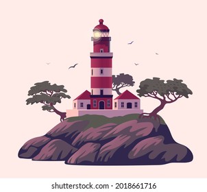 Lighthouse, Beautiful beacon on the cliff with pines. Vector illustration in flat cartoon style..