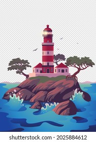Lighthouse, Beautiful beacon on the cliff with pines. Vector illustration in flat cartoon style..