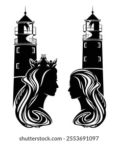 lighthouse and beautiful young woman with long hair and royal crown black and white vector fairy tale portrait