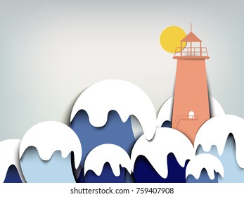 Lighthouse with big blue sea waves landscape, paper art/paper cutting style