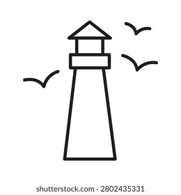 Lighthouse bird marine navigation features linear vector element. Visualizes sea ocean travel and coastal safety guidance. eps 10