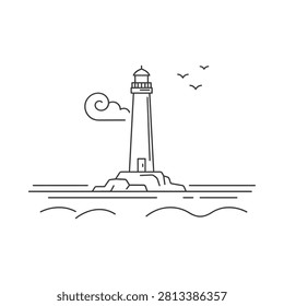 Lighthouse And Birds Line Drawing With Waves Minimalist Coastal Scene