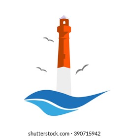 Lighthouse with birds on a  white background