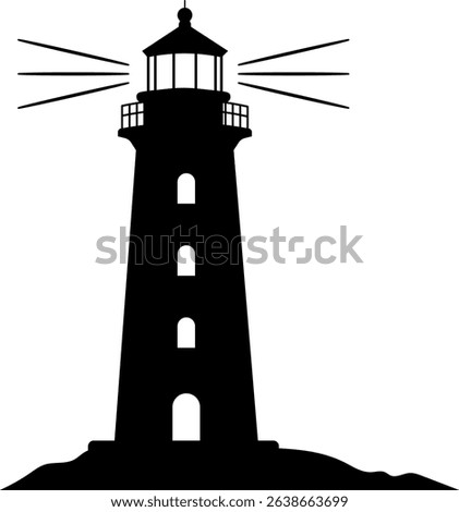 Lighthouse black silhouette or nautical navigation light beacon design element isolated on a white background