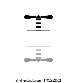 Lighthouse. Black symbol on white background. Simple illustration. Flat Vector Icon. Mirror Reflection Shadow. Can be used in logo, web, mobile and UI UX project