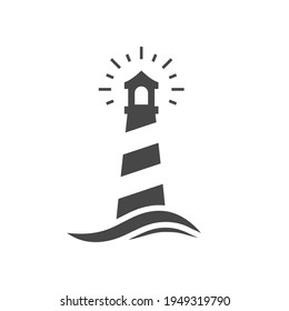 Lighthouse black vector icon. Beacon tower at sea with wave symbol.
