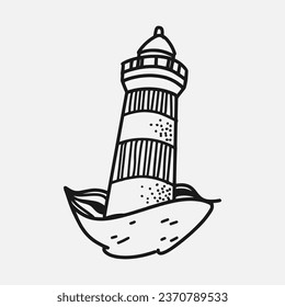 lighthouse black and white hand drawn vector illustration.