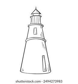 Lighthouse black and white vector illustration isolated. Beacon, marine navigation hand drawn ink silhouette. Vintage pharos contour. Coloring nautical themed. Simple outline marine drawing.