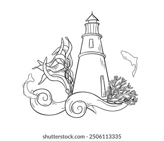 Lighthouse black and white vector illustration isolated. Seascape with sea plants kelp and fishes hand drawn ink silhouette. Curly wave contour. Coloring nautical themed. Simple outline marine drawing